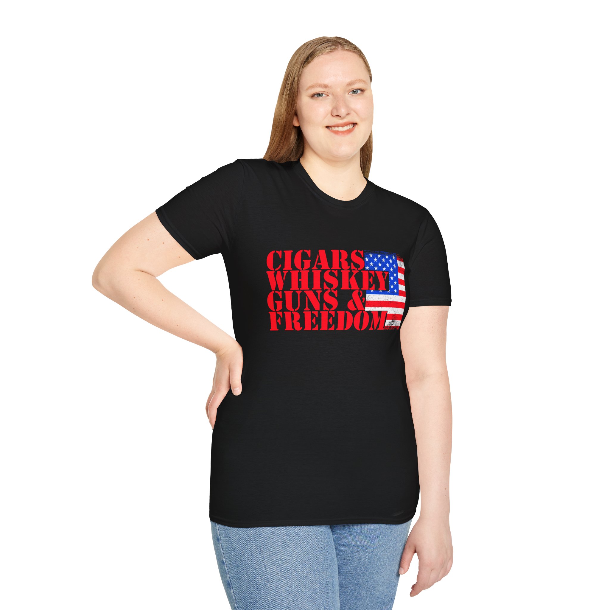 Cigars, Whiskey, Guns & Freedom Tee | Unisex Softstyle T-Shirt for Libertarians, Independence Day, Casual Wear, Gifts, Everyday Style - Image 3