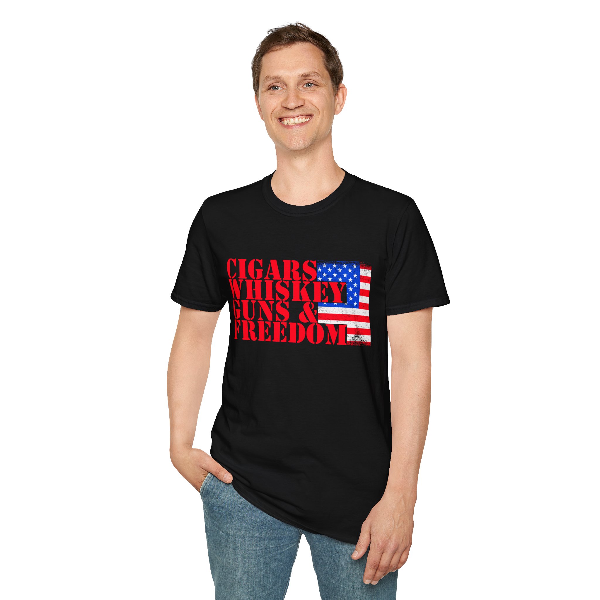 Cigars, Whiskey, Guns & Freedom Tee | Unisex Softstyle T-Shirt for Libertarians, Independence Day, Casual Wear, Gifts, Everyday Style - Image 4